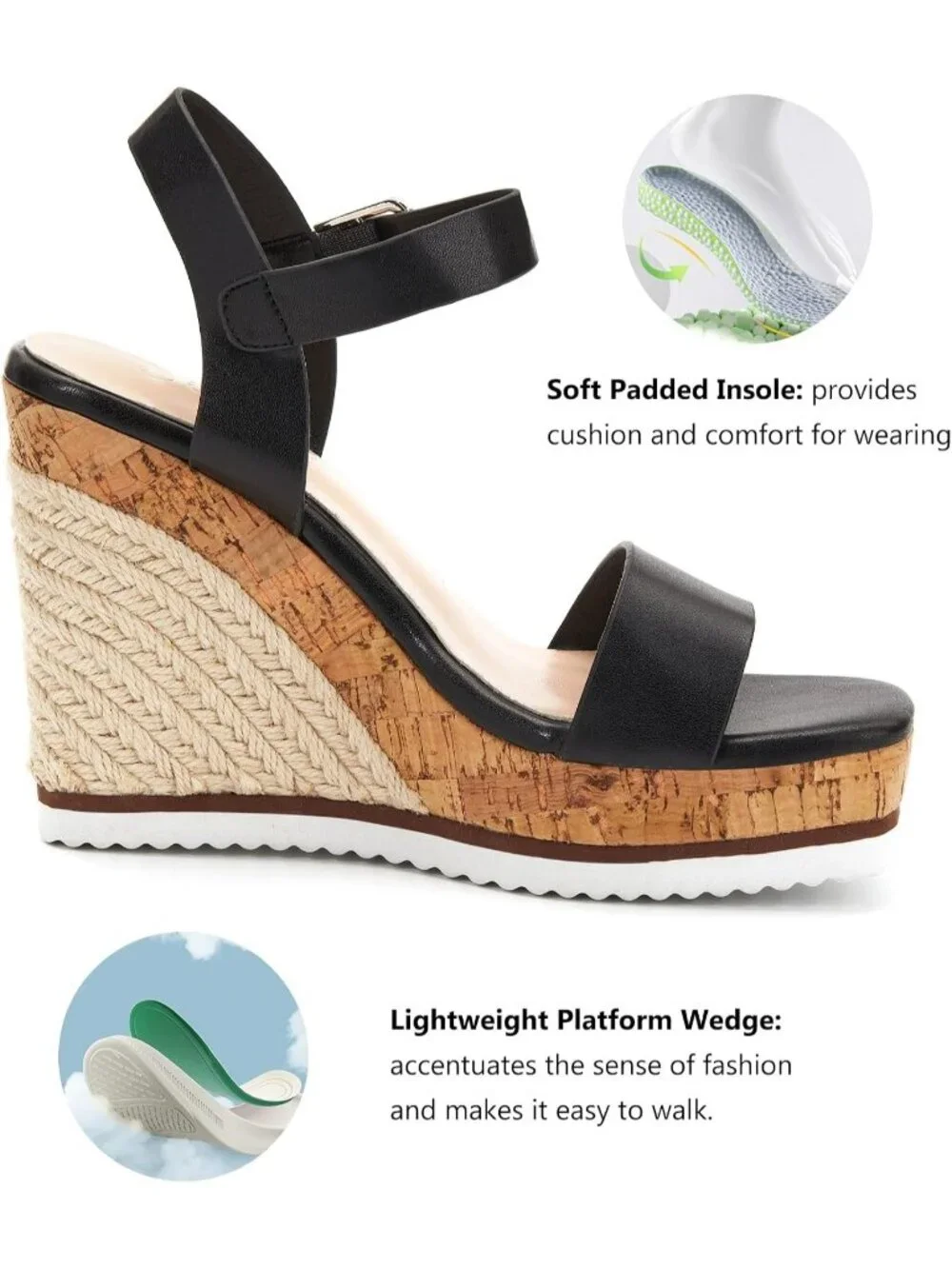 Women's Black Espadrille Wedge Platform Sandal Open Toe Ankle Buckle Strap Shoes